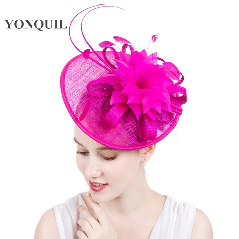 

Hot pink sinamay wedding hair Fascinators hats for lady women church dinner millinery fancy feather flower hats headpiece SYF114