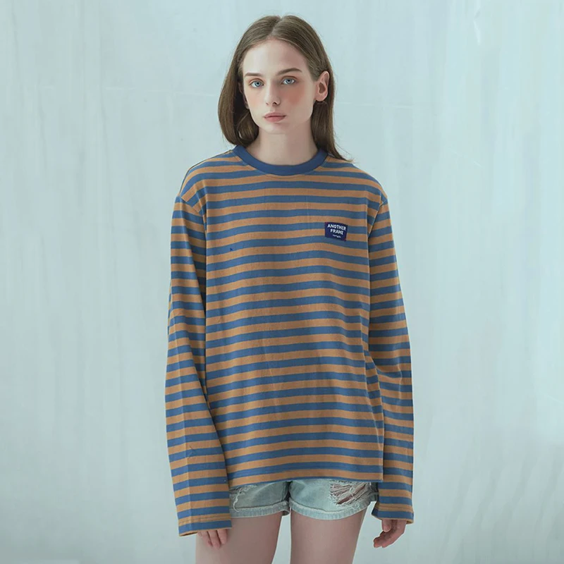 

2018 Autumn New Retro Style Striped Patch Tops Women's Harajuku Cotton Loose Round Neck Long Sleeve T-shirt #7193
