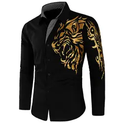 Новое поступление Для мужчин рубашка хлопок Длинные рукава Золотой Лев Отпечатано пять цветов Однобортный Гавайские рубашки Chemise Homme