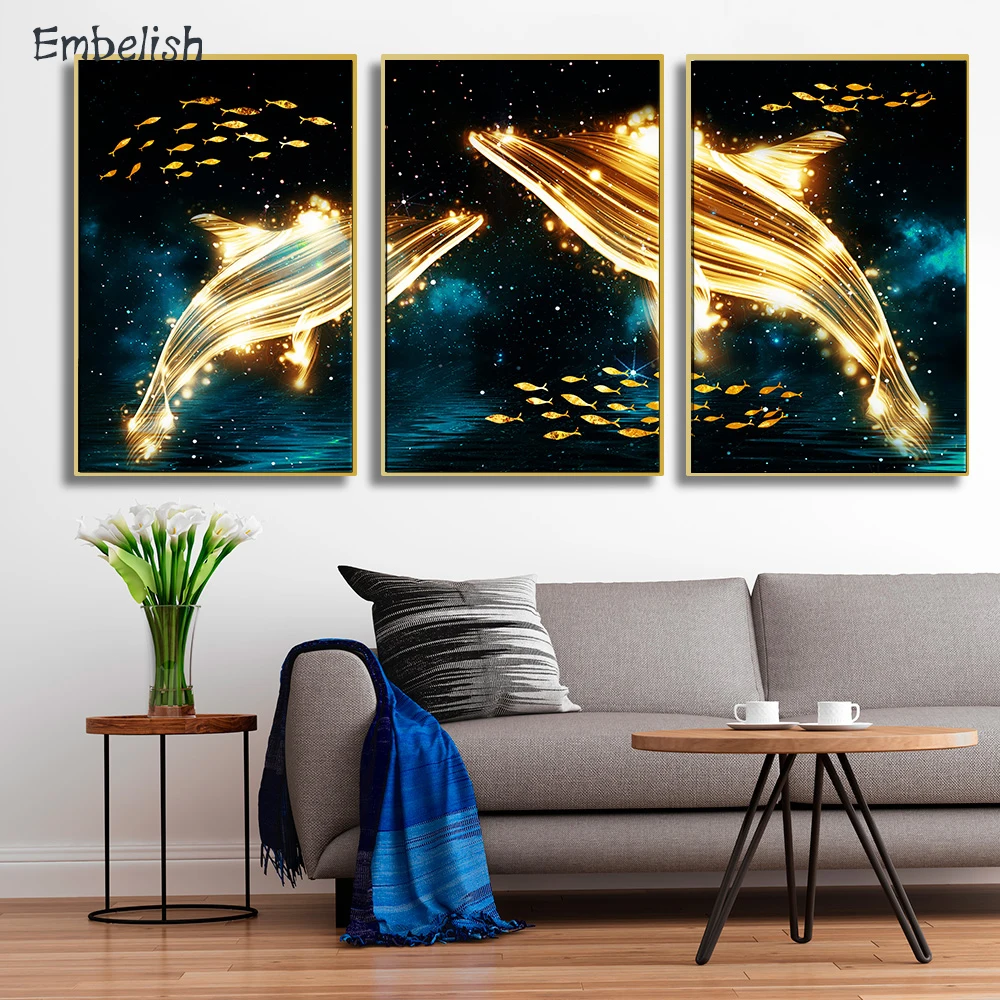 

Embelish 3 Pieces Golden Fish Nordic Style Modern Home Decor Wall Art Pictures For Living Room HD Canvas Bedroom Painting Poster
