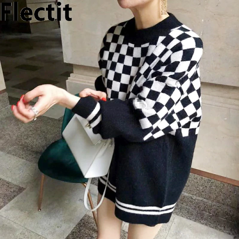 

Flectit Casual Oversized Checkered Sweater Women Color Block Plaid Knitted Long Sleeve Jumper Street Harajuku Chunky Sweater