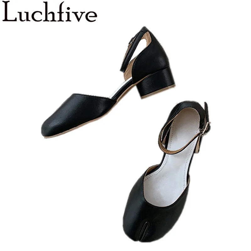 

Split Toe Black Casual Shoes Women Sandals Ankle Strap sandalia feminina Shallow Round Heel Sandal Party Vacation Ladies Sandals