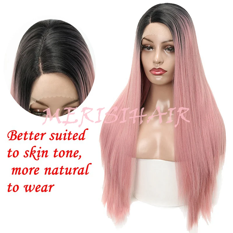 MERISI HAIR Long Straight Hairstyle Pink Color Available Lace Front Wigs For Women Synthetic Hair High Temperature Fiber (1)