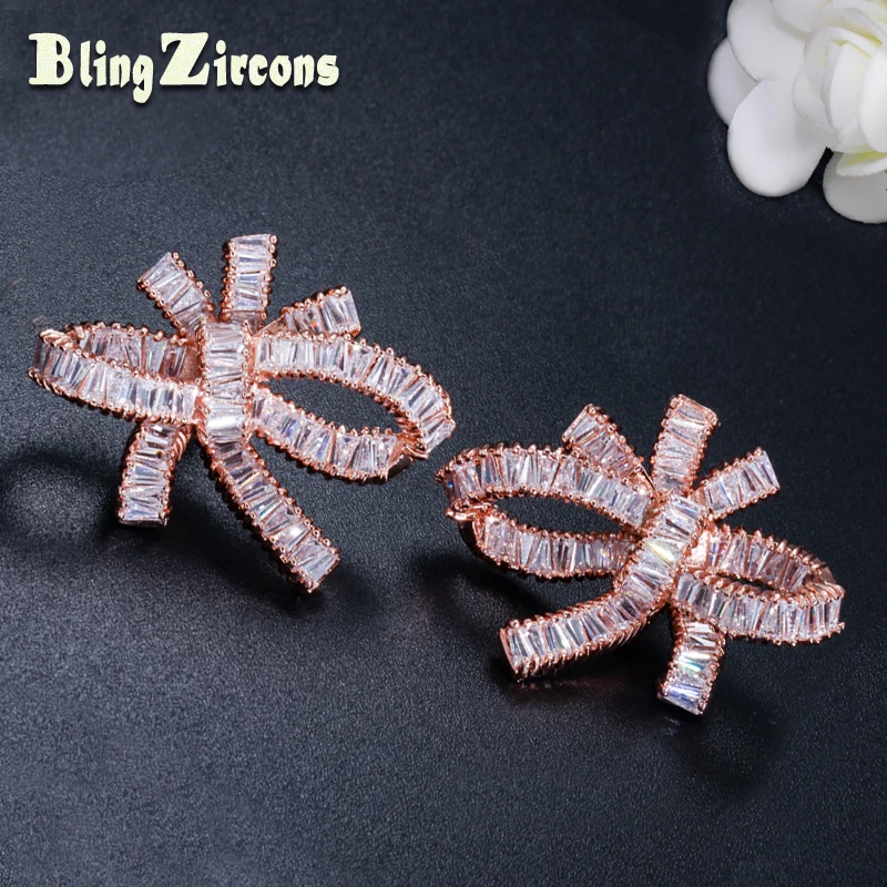

BeaQueen Full Baguette Cubic Zirconia Stone Paved Big Bowknot Stud Earrings Rose Gold Color Fashion Jewelry for Women E227
