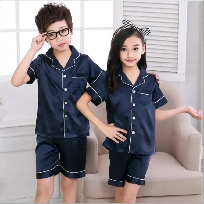 Детский пижамный комплект для девочек, лето г., шелковые пижамы с короткими рукавами топы и шорты Детская домашняя одежда для сна для больших девочек