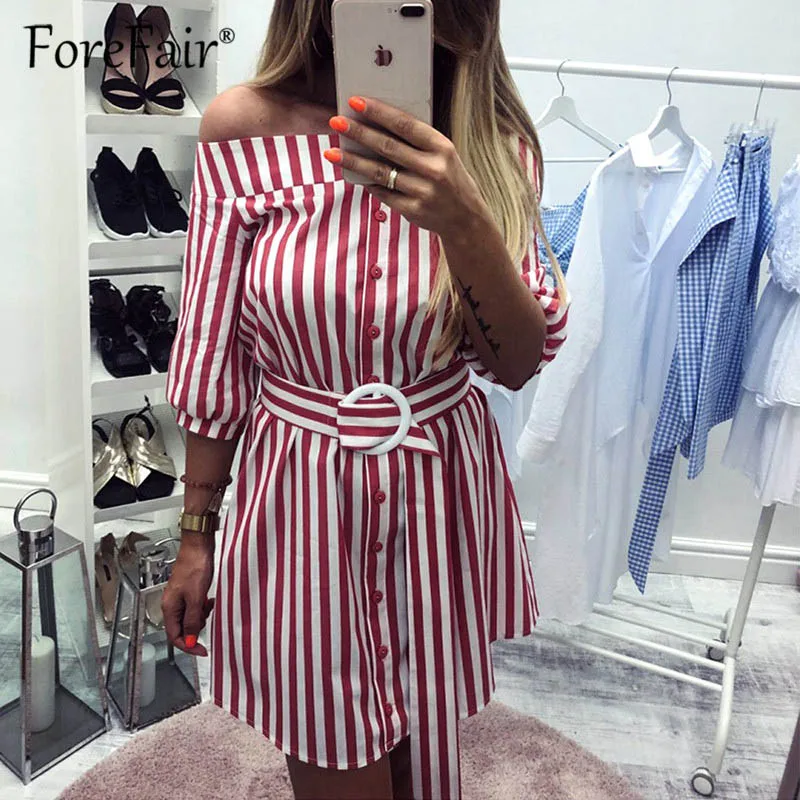 

Forefair Women Casual Shirt Dress Elegant Off Shoulder Striped Dresses 2019 Ladies Short Bow Tie Buttons Woven Summer Dress