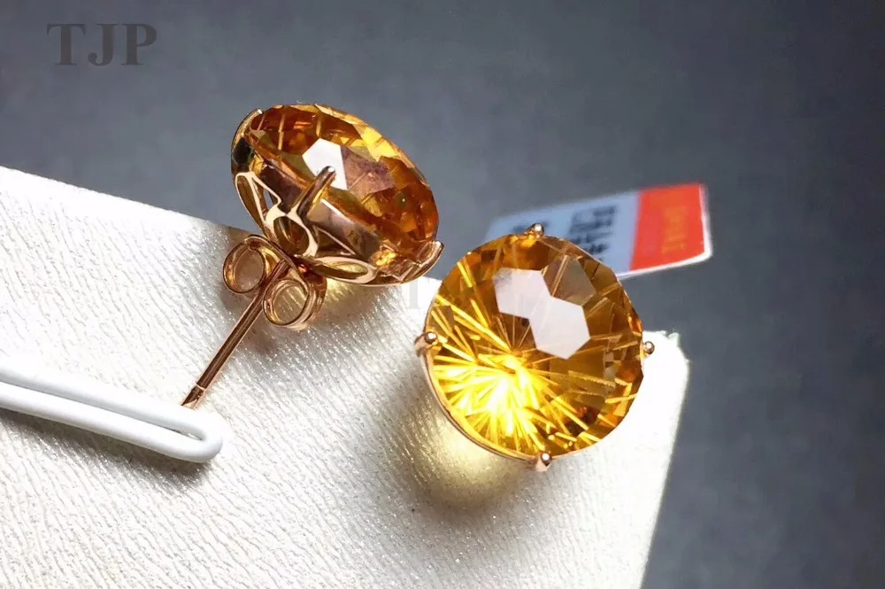

natural GEMSTONE citrineb round citrine 18K Tose Gold Stud yellow earrings with certificate 10mm yellow diamonds crystal