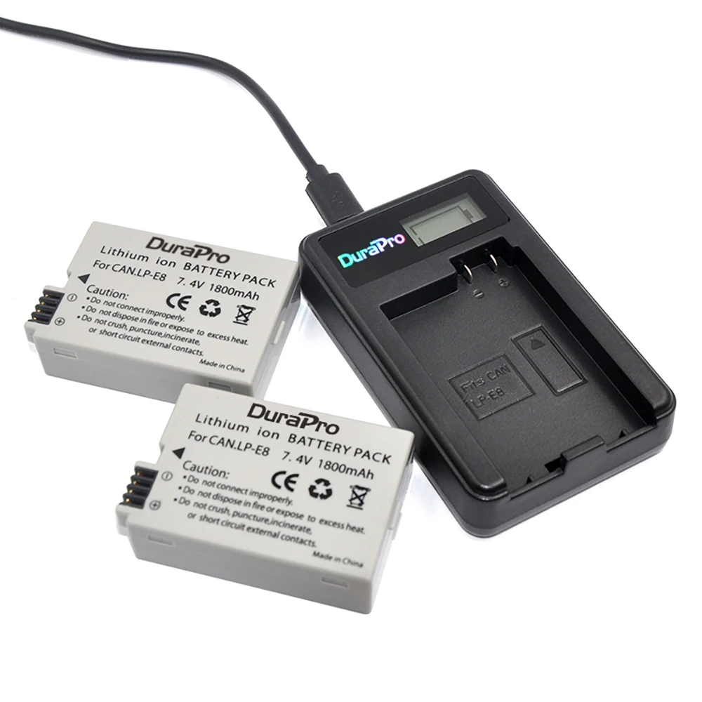 2Pcs DuraPro LP E8 LP E8 LPE8 Camera Battery LCD USB Charger For Canon EOS 550D