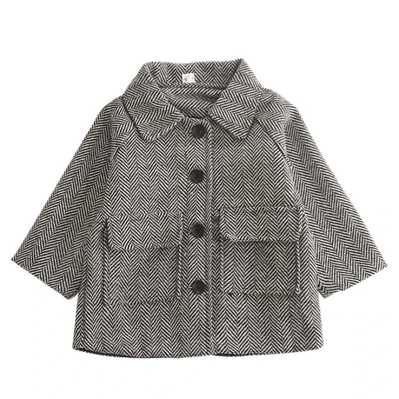 

Brand Children Coat Jackets Stripe Wool Coats for Girl Kids Single-breasted Woolen Jacket Infant Outwear Retro Lapel Overcoat