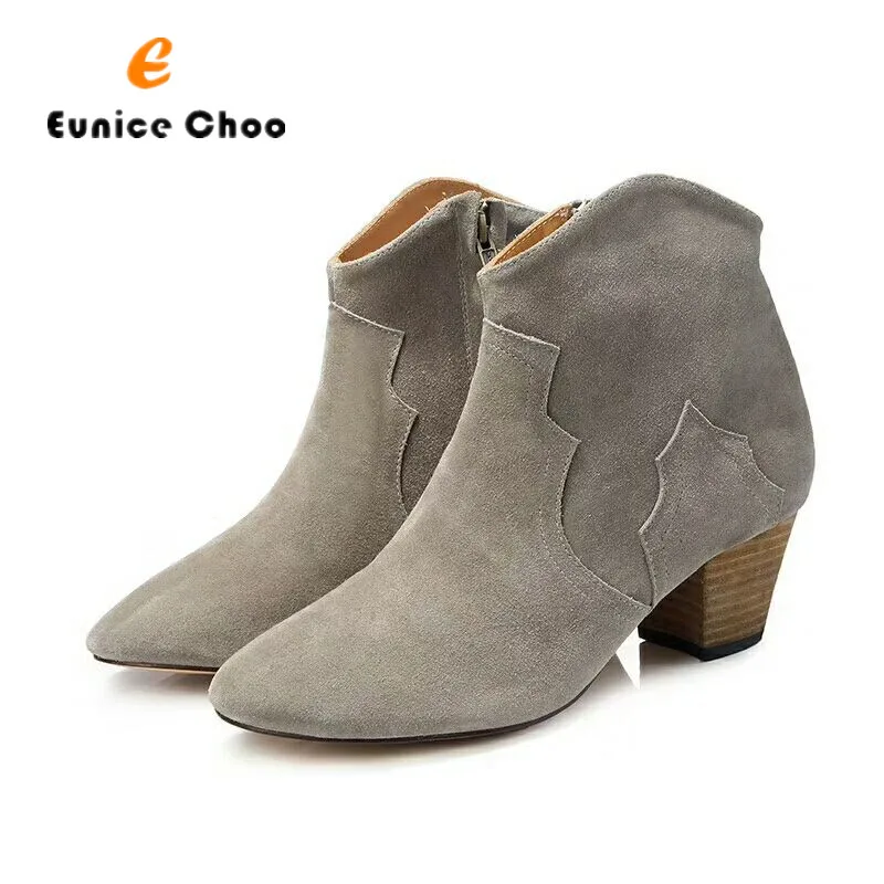 

Eunice Choo Suede Leather Ankle Boots Fashion Design Solid Chunky Heel Zipper Boots Round Toe Autumn Winter Med Heel Women Shoes