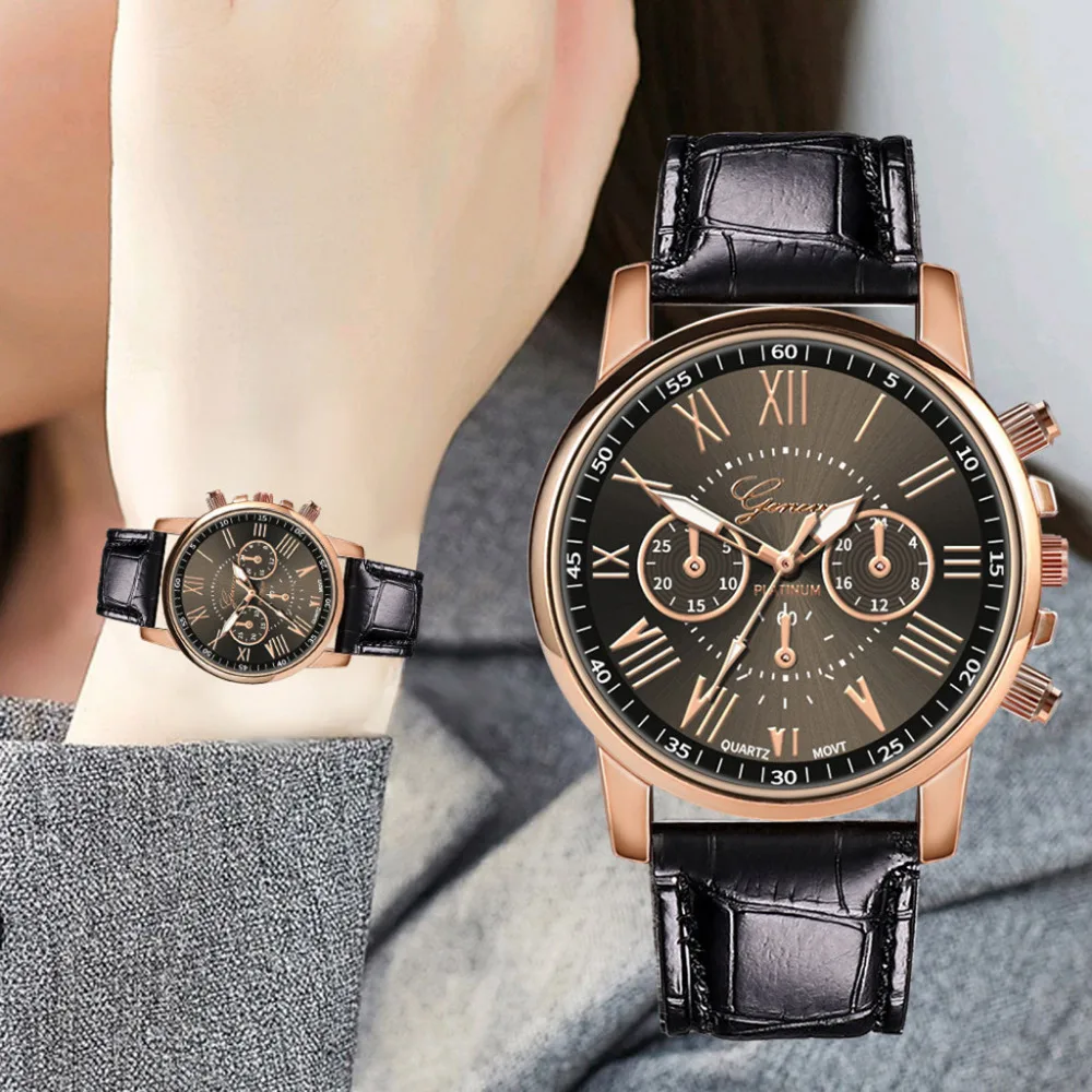 Модные повседневные женские часы Geneva с римскими цифрами, кожаные женские часы, креативный подарок, кварцевые наручные часы Zegarek Damski# W