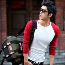 Мужская красная и белая футболка с длинным рукавом и круглым вырезом, облегающая Мужская футболка с низким воротником