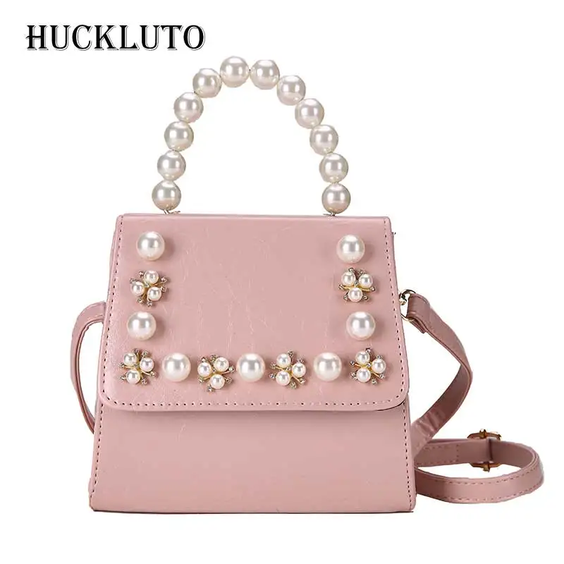 

HuckLuto Brand 2019 New Promotion Sale Fashion Casual Pearl Pink Black Mini Shoulder Messenger Bag Leather Female Handbag