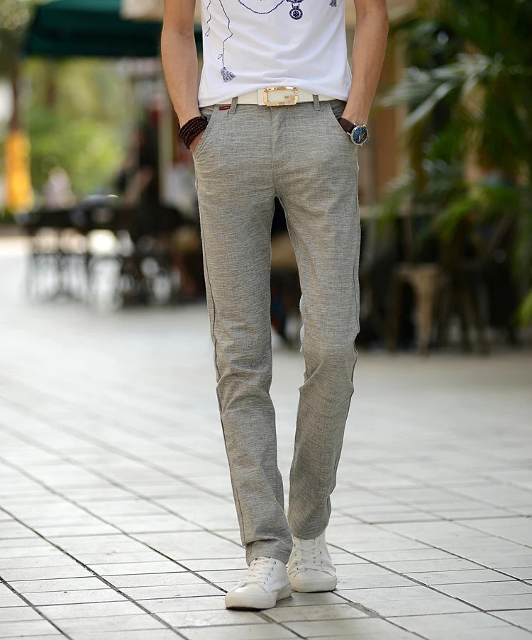 Льняные Новые Дизайнерские повседневные мужские брюки хлопковые тонкие брюки прямые брюки модные деловые однотонные хаки черные брюки