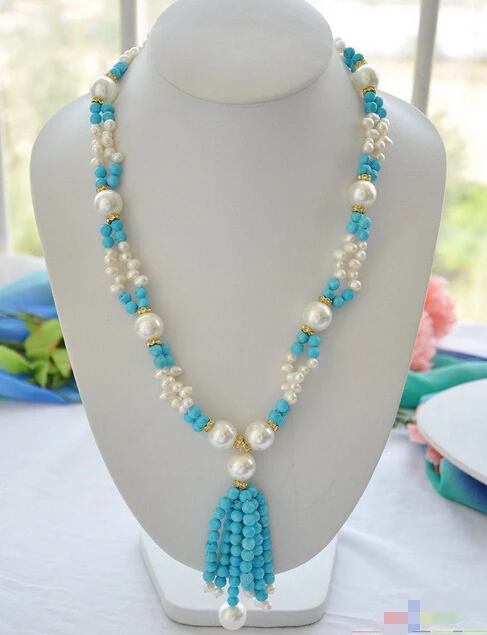

Wholesale FREE SHIPPING >P4415 22" 14mm white shell pearl rice freshwater blue turquoise necklace