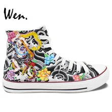 Wen Original Shoes Design Custom Hand Painted Chinoiserie Flowers Floral High Top Canvas Sneakers Birthday Gifts for Men Women