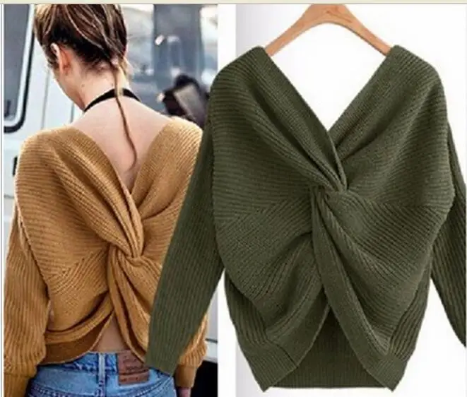

Europe and the United States V-neck loose back knotted irregular cross women sweater