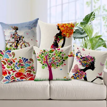 

Cartoon Little Girl Pillowcase Colorful Fresh Flowers Throw Pillow Case Cotton Linen Breathable Fundas de Almohadas Cojine