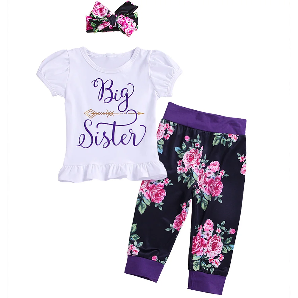 

Toddler Girl summer clothes Children's Set 2Pcs printing T shirts Floral Trousers with headband kids Outfits Casual Clothing