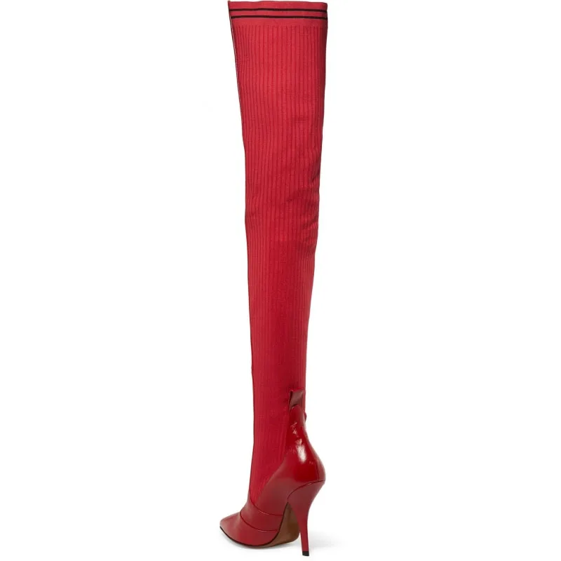 Новинка; эластичные сапоги выше колена в стиле пэчворк для верховой езды; элегантные женские высокие сапоги с острым носком на высоком каблуке-шпильке без застежки; женская обувь