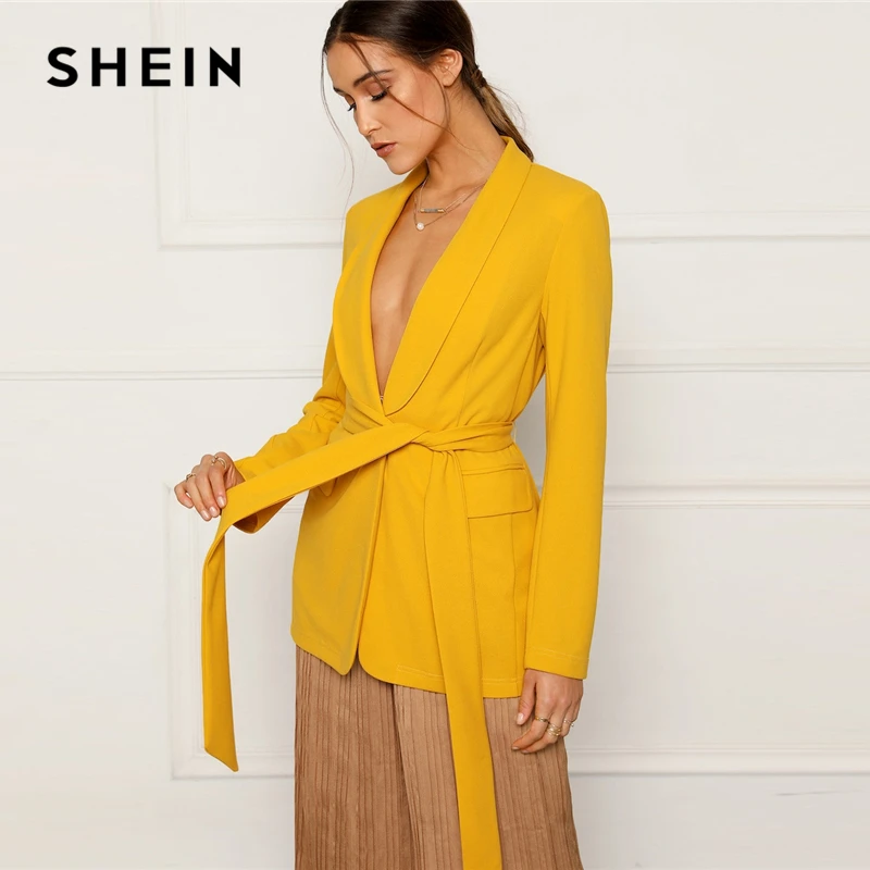 SHEIN Однотонный Блейзер С Поясом Жакет Длинным Рукавом Яркий В Стиле