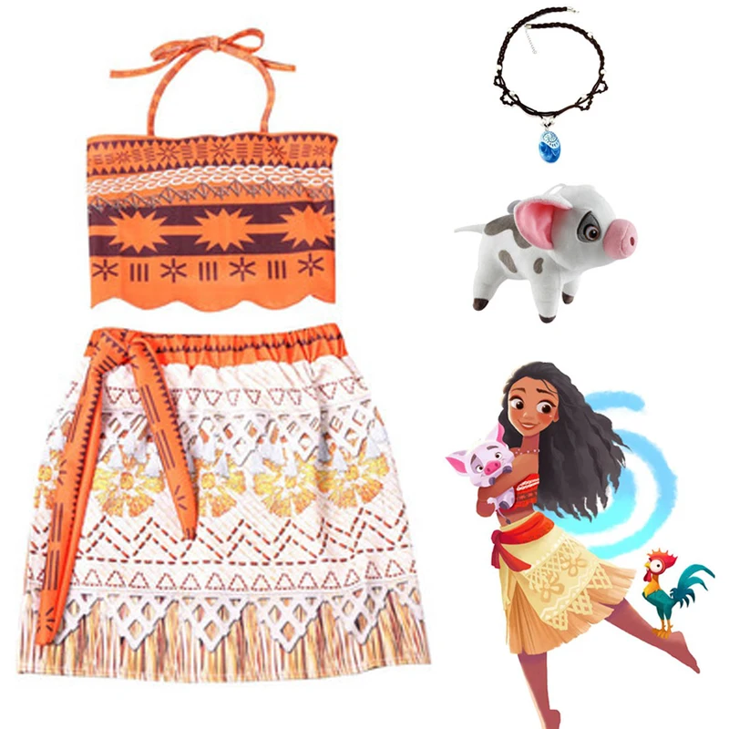 

Princess Moana Cosplay Costume for Children Vaiana dress with Necklace&pet pua pig Halloween clothing for Kids Girls party Gifts