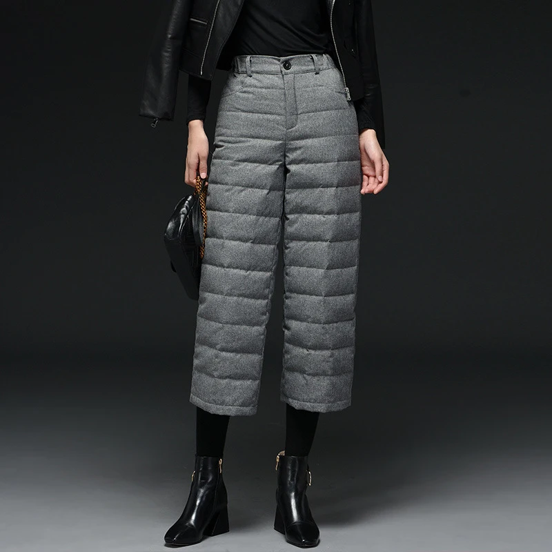 Элегантные зимние женские брюки с гусиным пухом, высокая талия, шерстяные плотные теплые широкие брюки, женские брюки высокого качества AB120