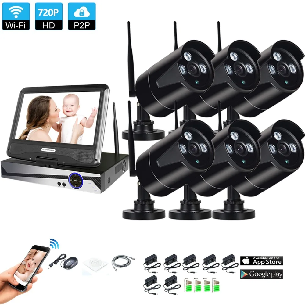 

Wireless Surveillance System Network 10.1" LCD Monitor NVR Recorder Wifi Kit 6CH 720P HD Video Inputs 6PS 1.0MP Security Camera