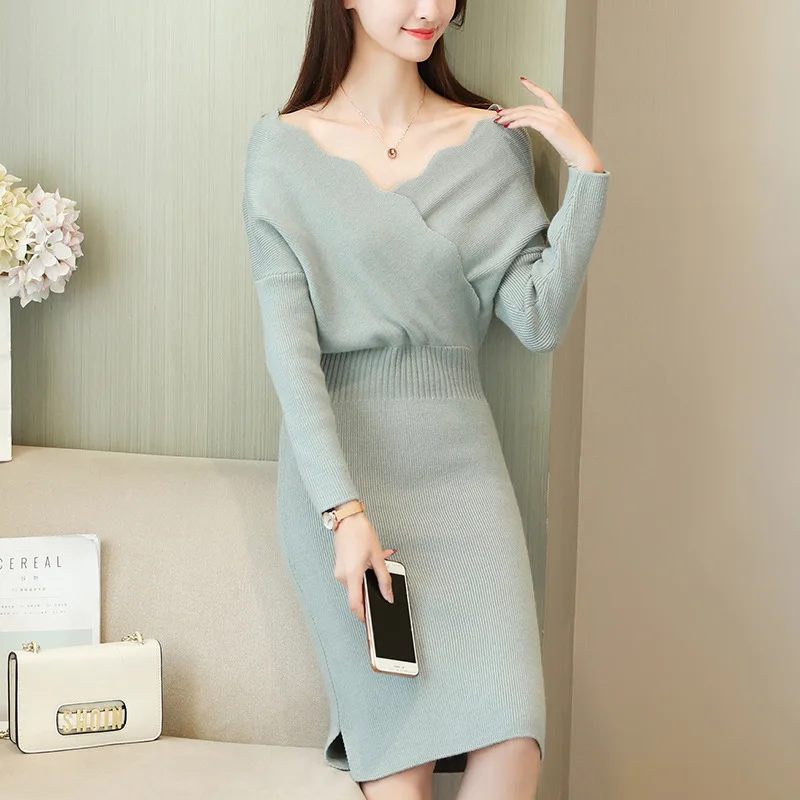 

2019 Wave Open Neck Long Sweaters Women Pullovers Ladies Knitted Sweater Dress Spring Female Jumper Tops Casual Autumn Truien