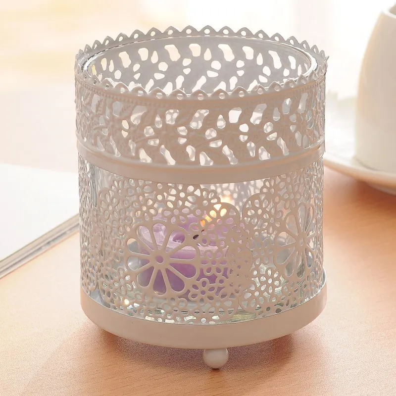 European Lace Accents Hollow Snowflake Design White Painted Iron Candle Holder with Glass Cup Inside European Lace Accents Hollow Snowflake Design White Painted Iron Candle Holder with Glass Cup Inside