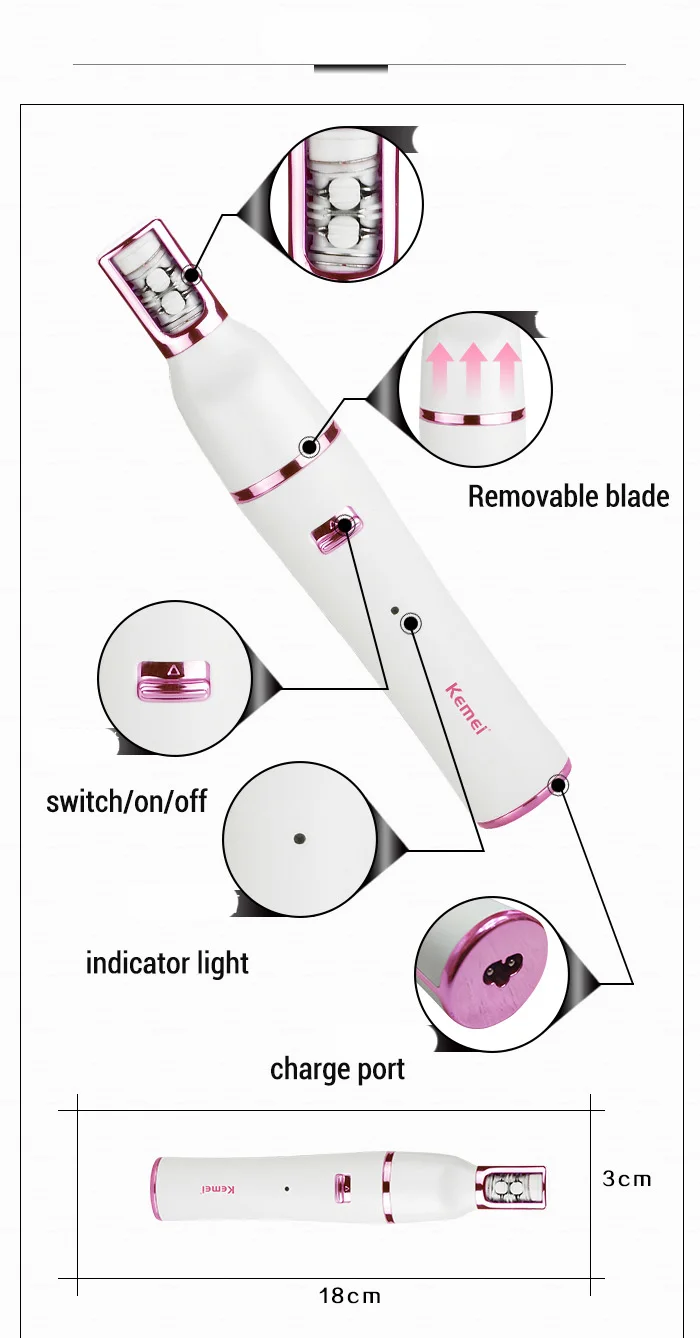 Máquina de Barbear Kemei Molhado Seco Feminino Barbeador Depilador Senhora Depilação Sobrancelha Nariz Trimmer Bikini Perna Axilas 7 In1 3 Depiladores