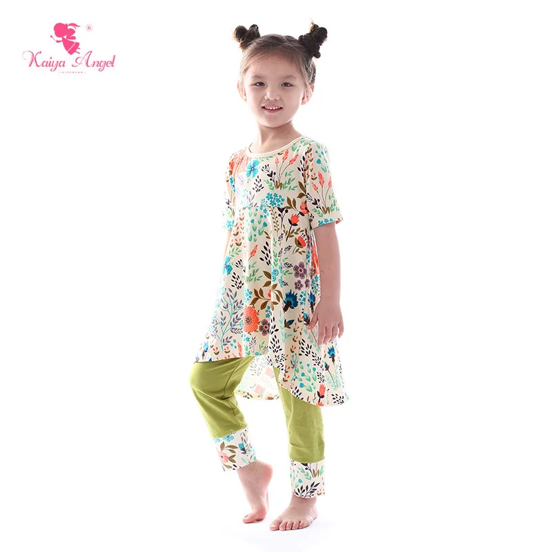 US $70.59 Kaiya Angel 2018 Fashion Boutique Outfits Tulip Windmill Flower Top Mustard Green Pants New Spring Summer Autumn Girls Clothes