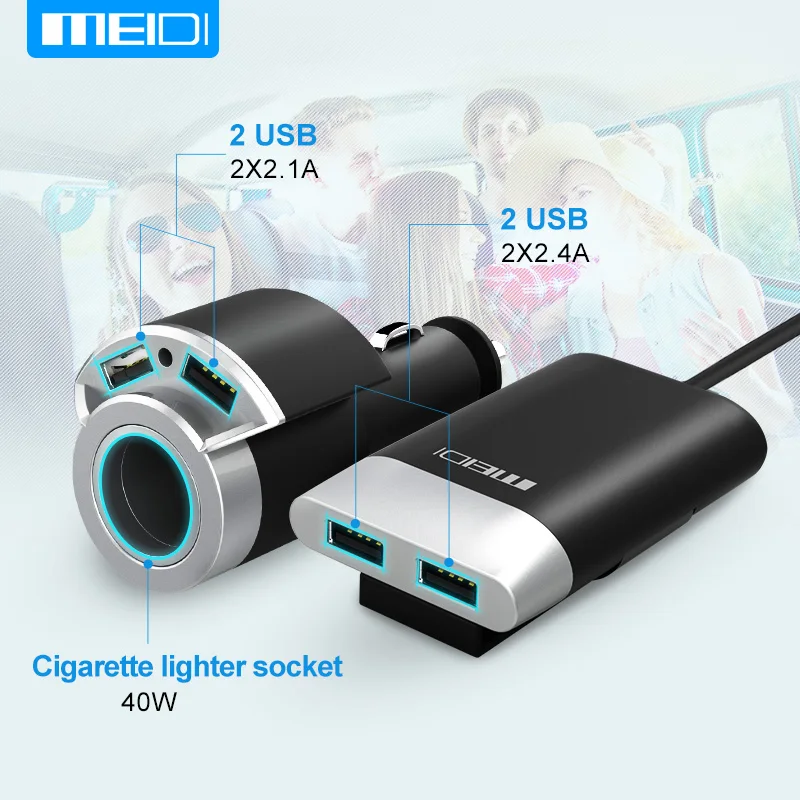 MEIDI Car Charger 4 Ports USB & Cigarette Lighter Adapter With 2M Cable Universal USB fast charger for Mobile Phones Tablet 