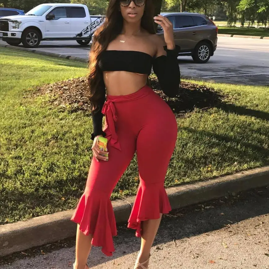 

BKLD High Waist Pants Women 2019 Summer New Flare Ruffle Pants Women Fashion Sexy Bodycon Trousers Clubwear Ankle Length Pants