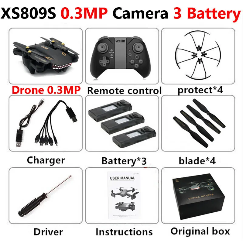 VISUO XS809S Профессиональный складной Дрон с камерой 2MP HD WiFi FPV селфи широкоугольный Радиоуправляемый квадрокоптер Вертолет игрушка для мальчика VS XS816 - Цвет: XS809S 0.3MP 3B Box