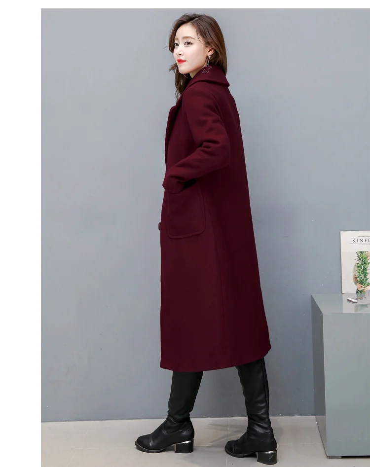 Осенне-зимняя Обувь Одежда Новый европейской и американской моды длинное шерстяное пальто тонкий однобортный одноцветное шерстяное