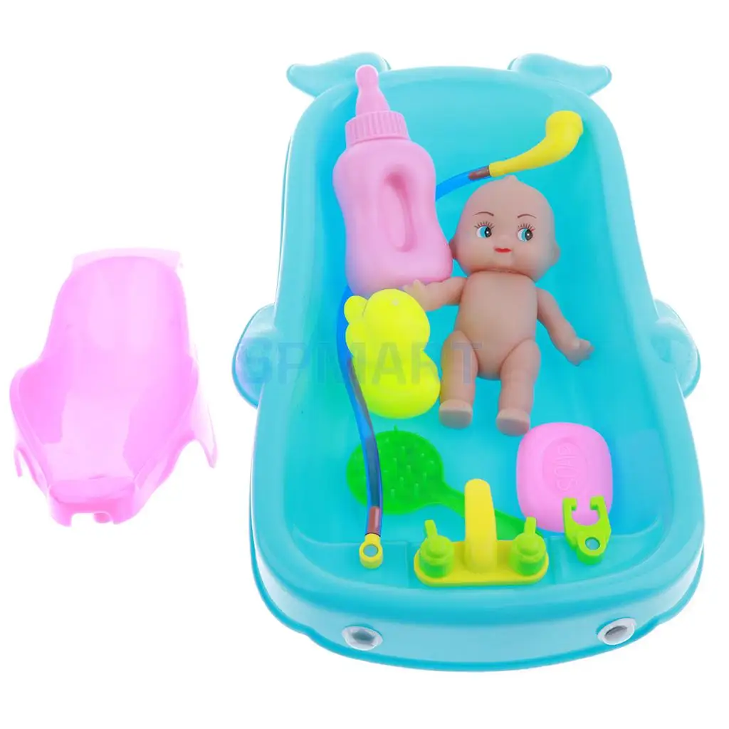 Set of Kid Baby Role Pretend Play Game Taking Care Doll Bath in Bathtub Developmental Educational Water Toy w/ Doll Gift