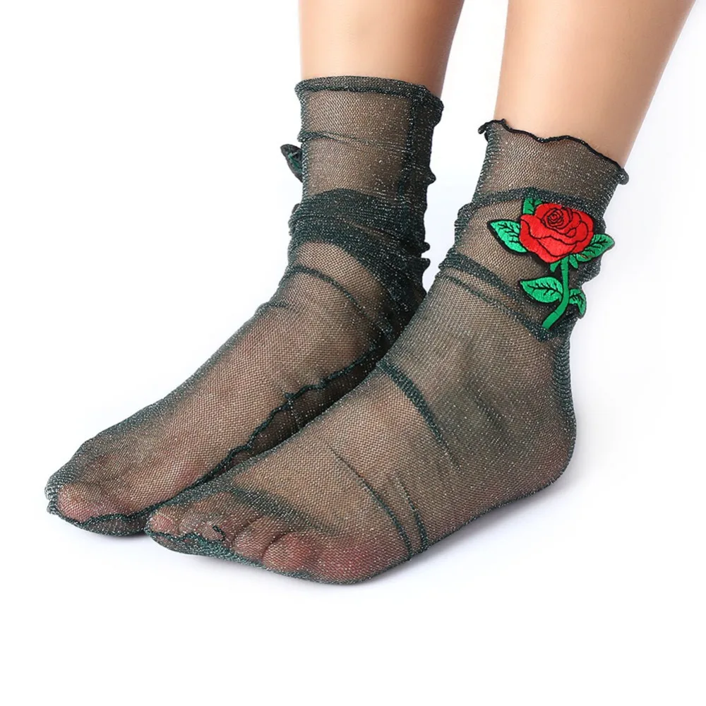 1Pair Spring Summer Glitter Mesh Flowers Socks Women Shiny Transparent
