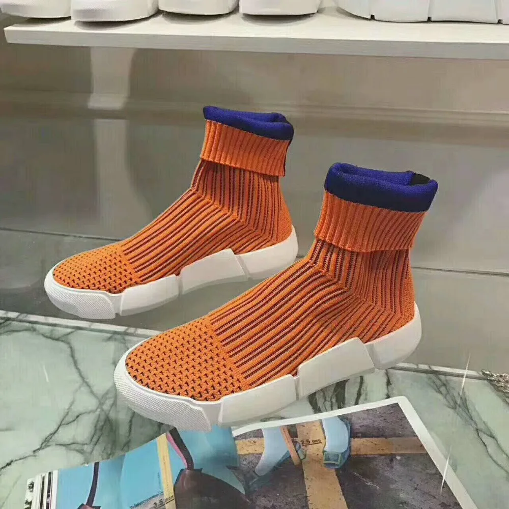 

New European Style Fabric Stretch Turned-over Women Knitted Woolen Boots Runway Casual Comfortable Botas Femeninas Sock Shoes