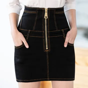 

2019 Plus Size Women Summer Black Blue Denim Shirts Women Back Bandage High Waist Jeans Skirts Front Zipper Shirts