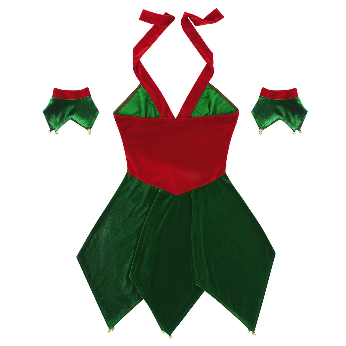 TiaoBug Женский мягкий бархатный Холтер Рождественский эльфийский костюм нарядное платье манжеты для рук комплект Женский Рождественский костюм косплей Вечерние наряды