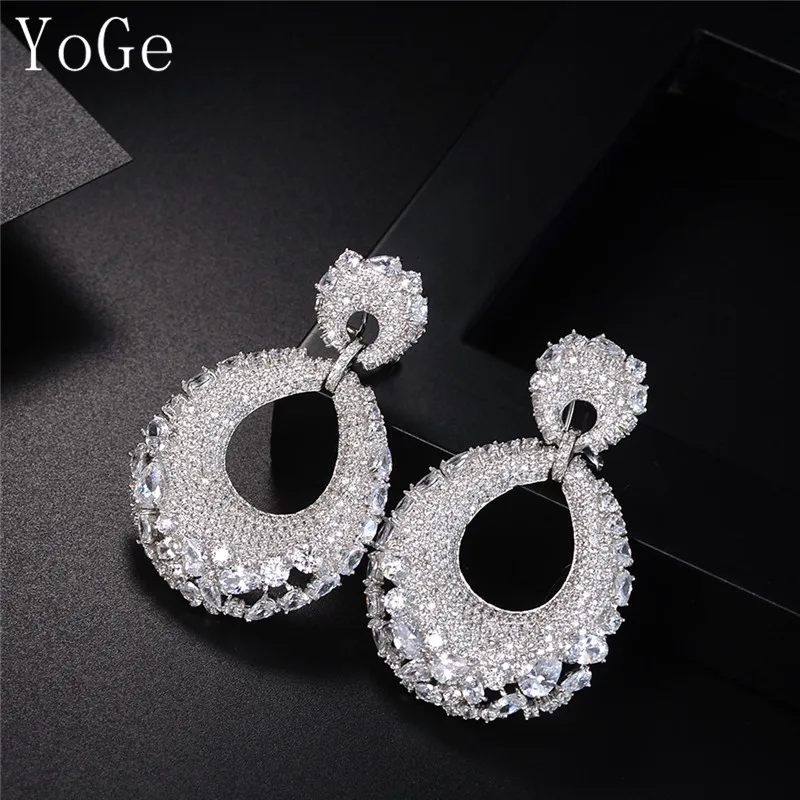 

YoGe statement jewellery, E1195C Luxury new design AAA CZ clear crystal big bold fancydrop earrings,U clasp ,women's jewelry