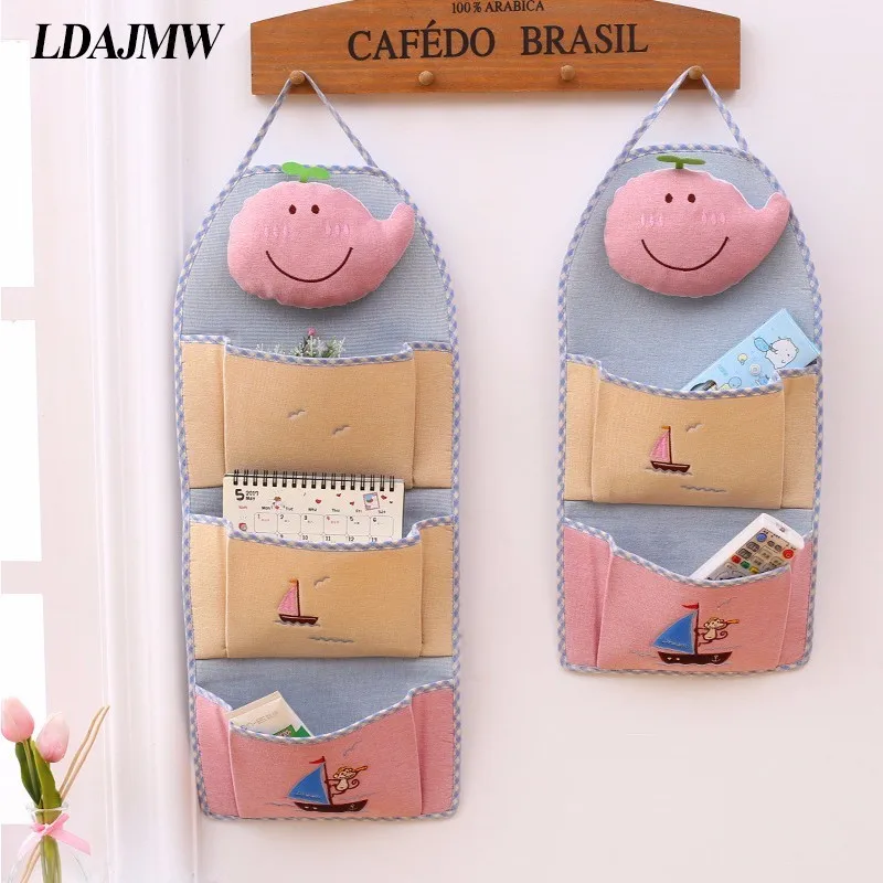 LDAJMW Linen Cartoon Monkey Embroidery 1-4 Pockets Wall Hanging Storage Bag Children Room Organizer Pouch