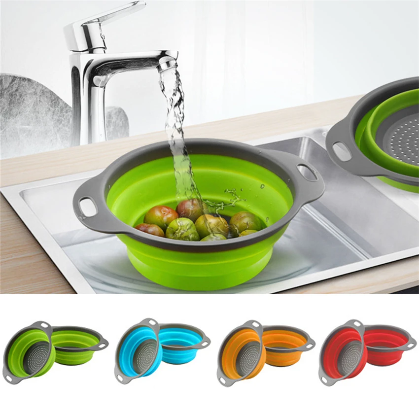 

2Pc Silicone Folding Drain Kitchen T Creative Retractable Silicone Fruit Vegetable Colander Kitchen Storage Gadgets