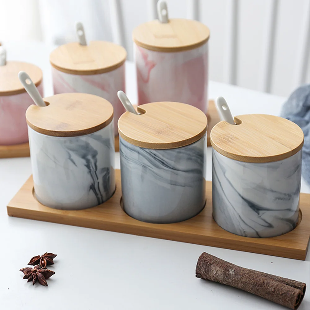 

Marble pattern jar Nordic kitchen seasoning jar with lid spoon European ceramic seasoning jar
