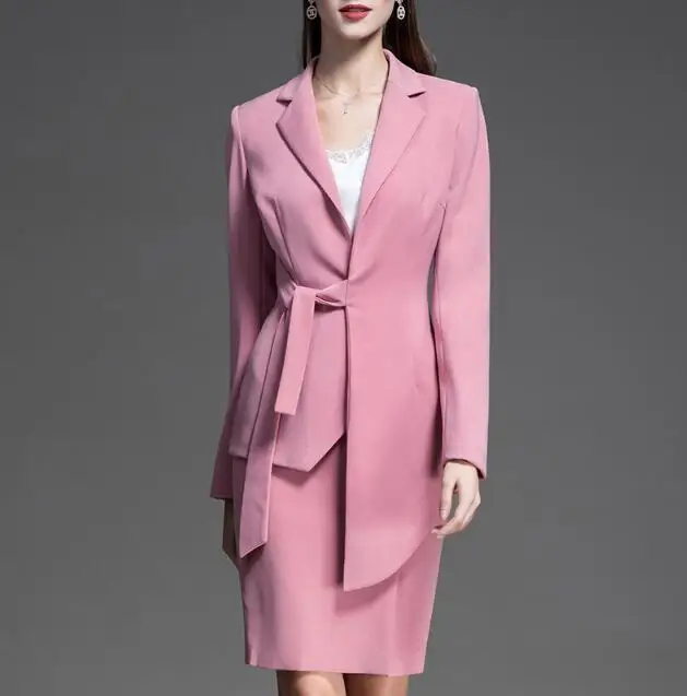 Платье костюмы для женщин Элегантная модная офисная Деловая одежда для дам формальная рабочая куртка Блейзер розовый черный комплект из 2 предметов размера плюс