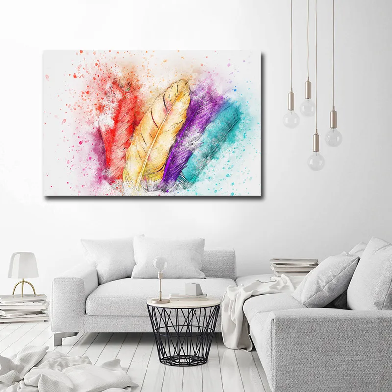 GOODECOR Wall Art Picture Canvas Prints Colorful Feather Painting Big Size One Piece Pictures Art For Home Decor No Frame