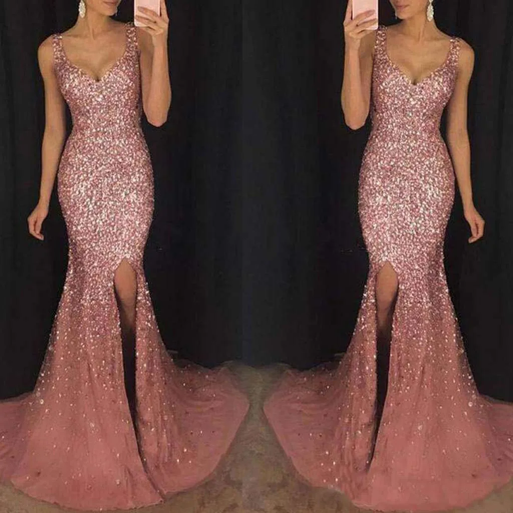 

feitong 2019 Latest Product!Eye-Catching Women Sexy Lace Sequin Solid Camis Back Hollow V-Neck Long Party Elegant Dress Vestido