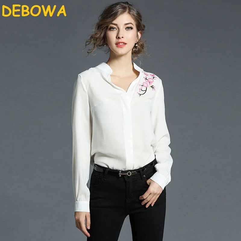 Debowa 2018 осенью новый Для женщин Блузка Стенд воротник элегантная белая рубашка