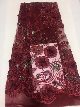

2018 High Quality Nigerian Lace Fabrics With Wine Red Sequins African French Net Lace Fabric Embroidered Tulle Mesh Lace Fabric